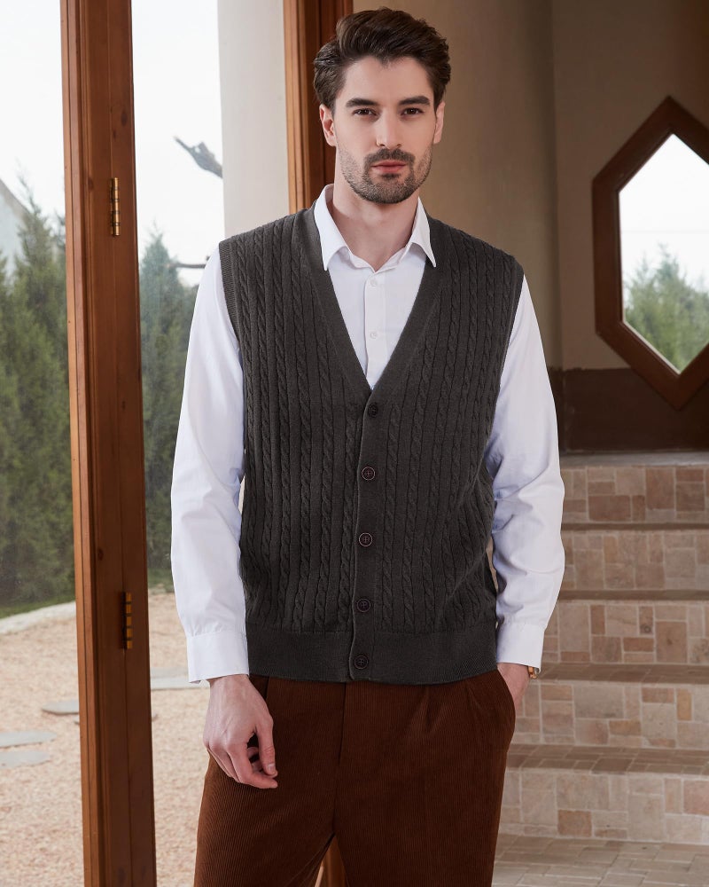 Kallspin Men's Cable Knit Sweater Vest Wool Blend V Neck Button Down Sleeveless Cardigan Vest(Charcoal, 2X-Large) - Image 2